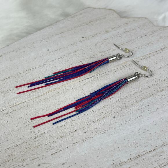 Colorful Chain Link Fringe Earrings Purple Teal Pink Red Blue Festival Boho NWOT - Picture 2 of 16